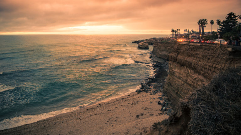 View of beautiful San Diego California at Sunset Cliffs in Point Loma with Pacific Ocean and rocky coastline