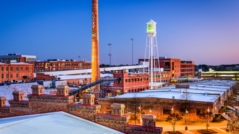 The American Tobacco Historic District. Once the headquarters of the American Tobacco Company, the site is now part of a downtown urban renewal project. Durham, North Carolina.