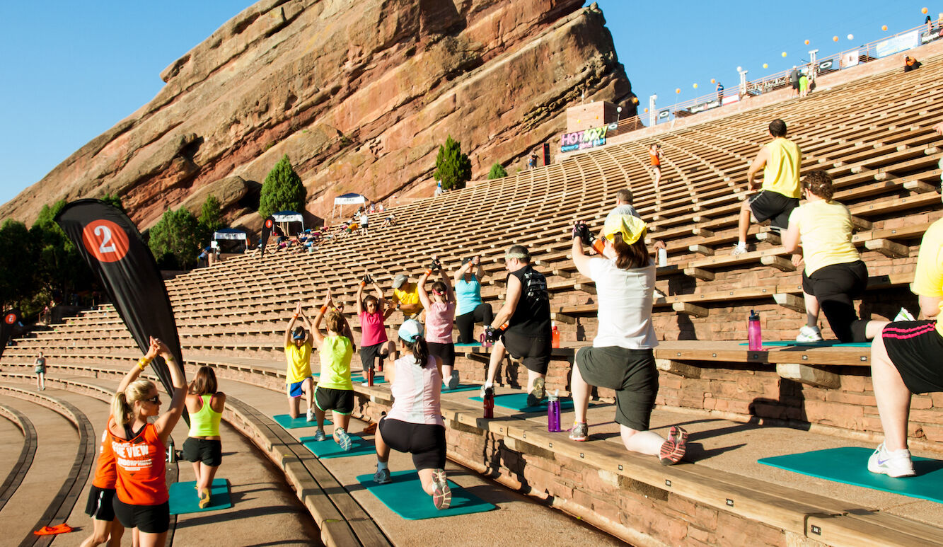 Morning fitness class at Red Rocks Amphitheater in Denver.