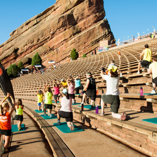 Morning fitness class at Red Rocks Amphitheater in Denver.
