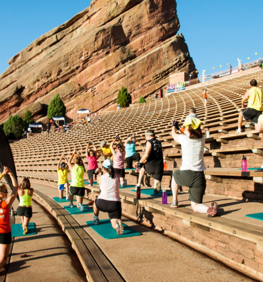 Morning fitness class at Red Rocks Amphitheater in Denver.