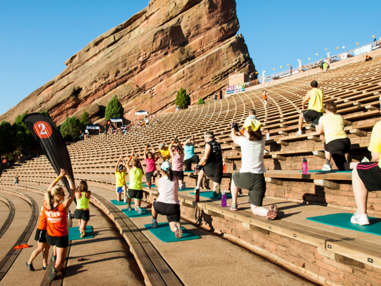 Morning fitness class at Red Rocks Amphitheater in Denver.