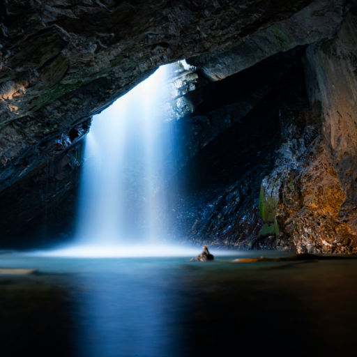 Beautiful shot of a stunning waterfall dropping down from a hole inside of a cave on a cold autumn day in Big Cottonwood Canyon located in Utah.