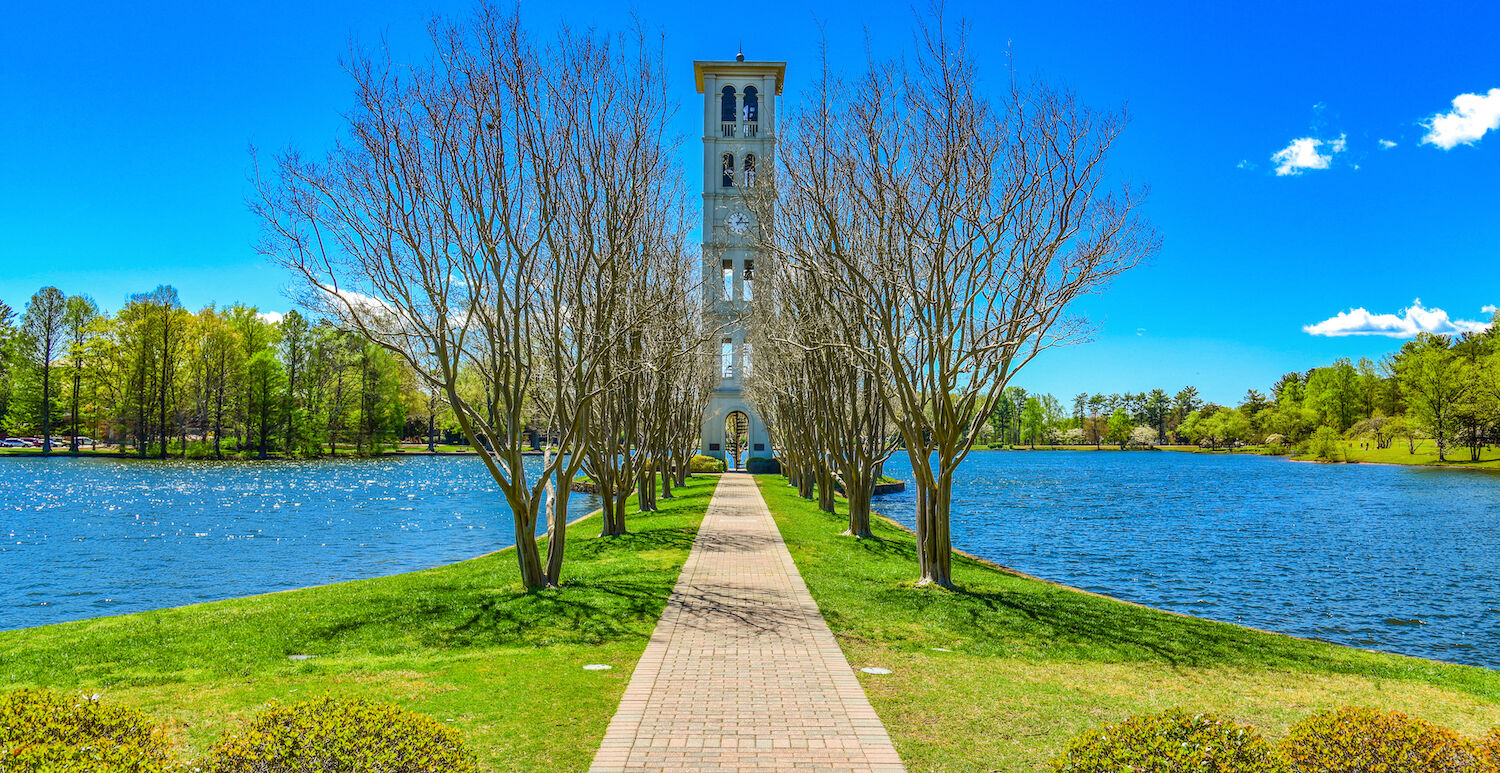 Furman Swan Lake and Bell Tower in Greenville, South Carolina.