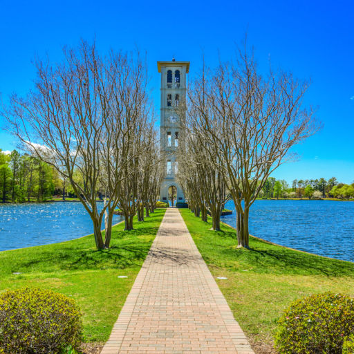 Furman Swan Lake and Bell Tower in Greenville, South Carolina.