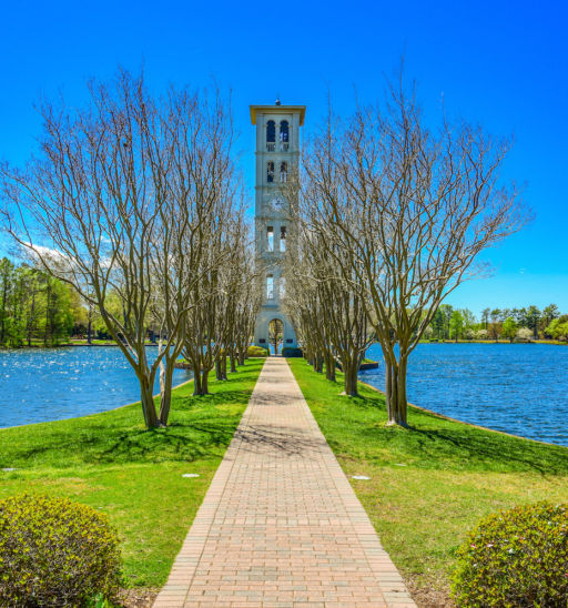 Furman Swan Lake and Bell Tower in Greenville, South Carolina.