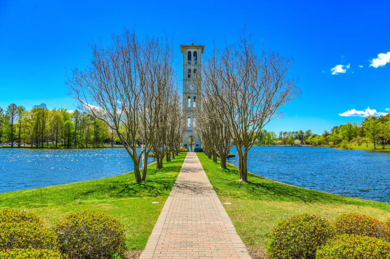 Furman Swan Lake and Bell Tower in Greenville, South Carolina.