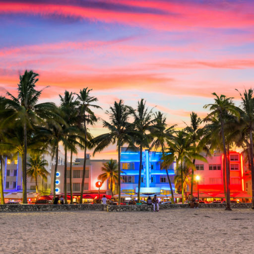 Miami Beach, Florida, on Ocean Drive at sunset. Photo via Shutterstock.