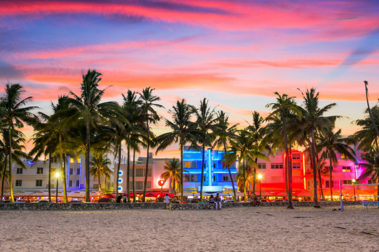 Miami Beach, Florida, on Ocean Drive at sunset. Photo via Shutterstock.