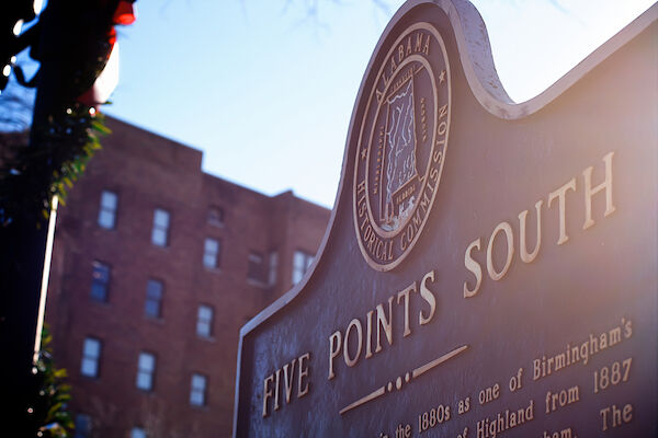 Five Points South sign in the southside neighborhood of Birmingham, Alabama.