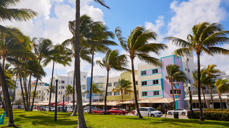 Art deco architecture on Ocean Drive in Miami. Photo via Shutterstock.