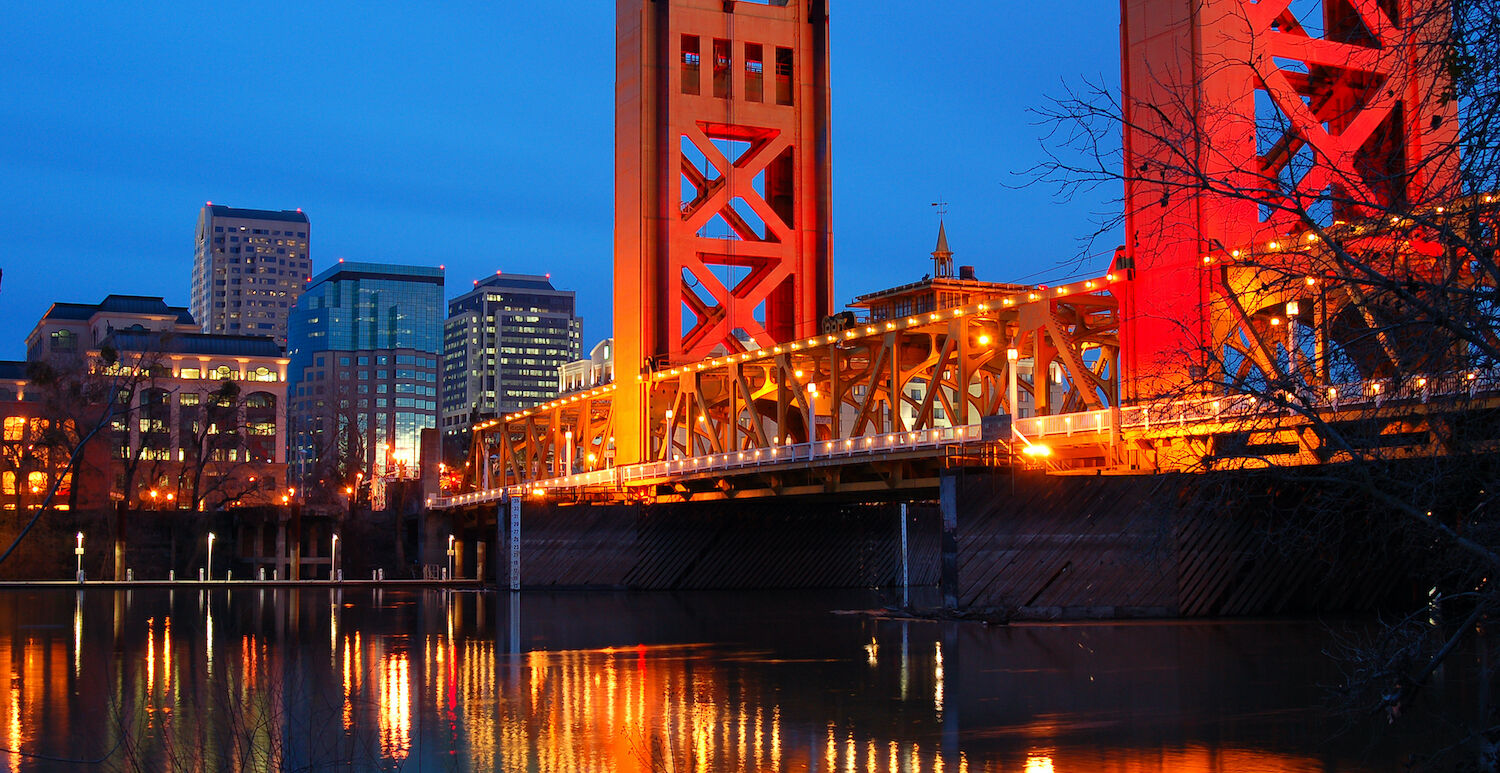 The Tower Bridge Crosses the Sacramento River in the heart of Downtown Sacramento, California. Photo via Shutterstock.