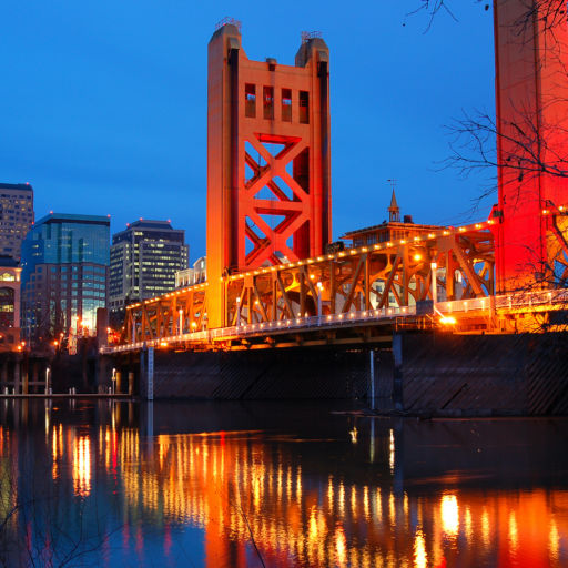 The Tower Bridge Crosses the Sacramento River in the heart of Downtown Sacramento, California. Photo via Shutterstock.