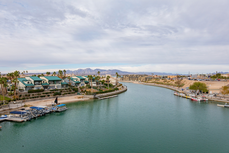 Lake Havasu City, Arizona, Dec. 31, 2020 - High angle view of the Lake Havasu City and harbor. Photo via Shutterstock.