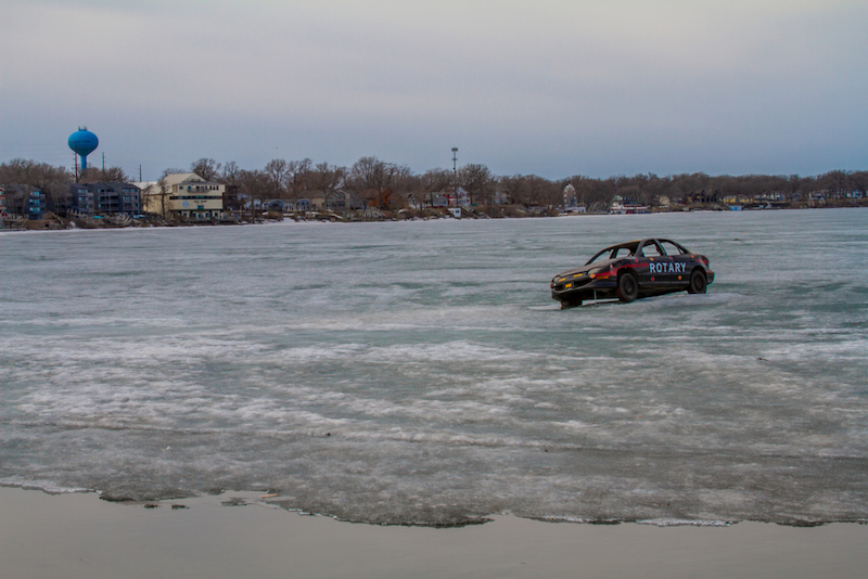 Arnolds Park, IA - March 29, 2018: Car sinking in West Lake Okoboji. Photo via Shutterstock.