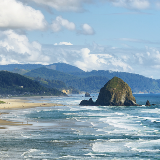 View of Cannon Beach in Oregon with Haystack Rock in the background.