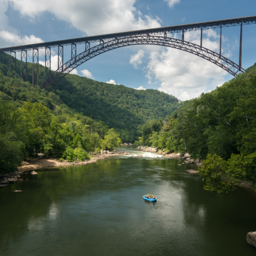 Rafters float towards the rapids under the high arched New River Gorge bridge in West Virginia