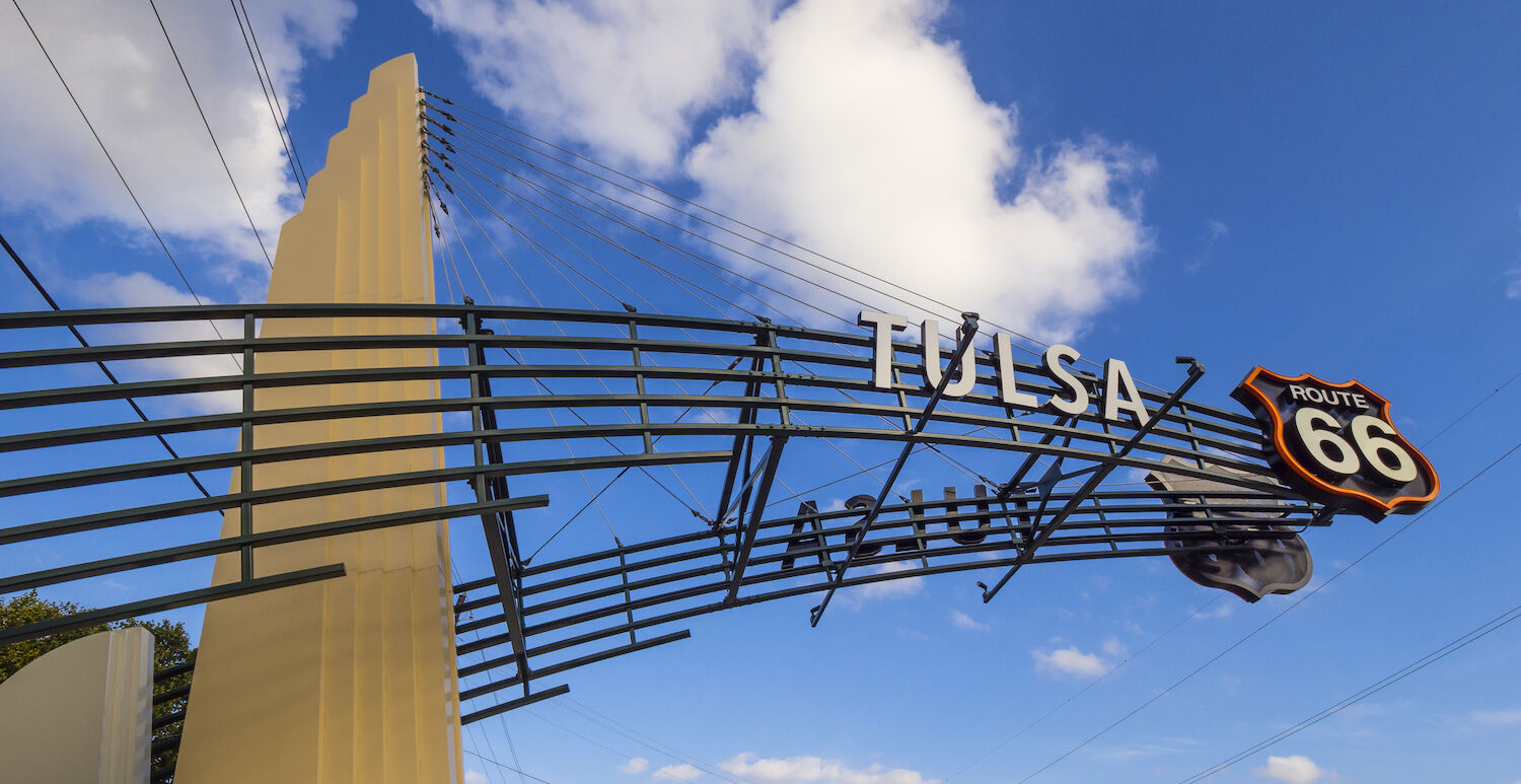 The famous Route 66 Gate in Tulsa, Oklahoma. Photo via Shutterstock.