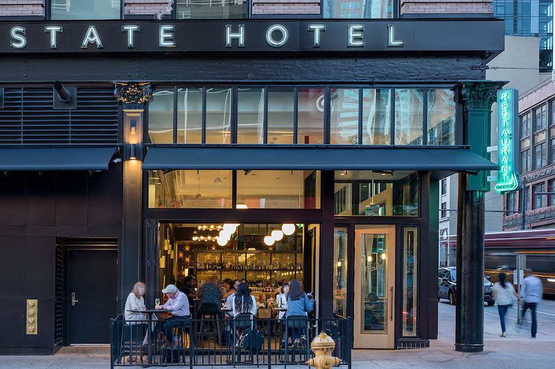 The State Hotel exterior, looking at the Ben Paris patio.