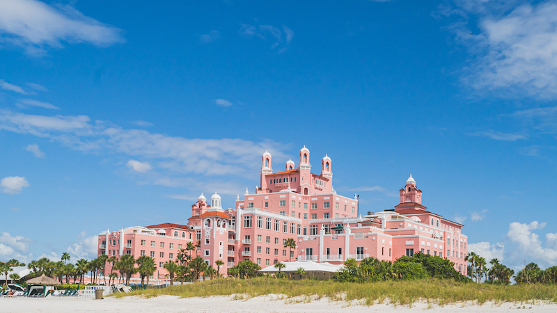 St. Pete beach, Florida October 22 2020 - The Don Cesar Hotel along the gulf coast of Florida during renovations in the fall. Photo by Shutterstock.