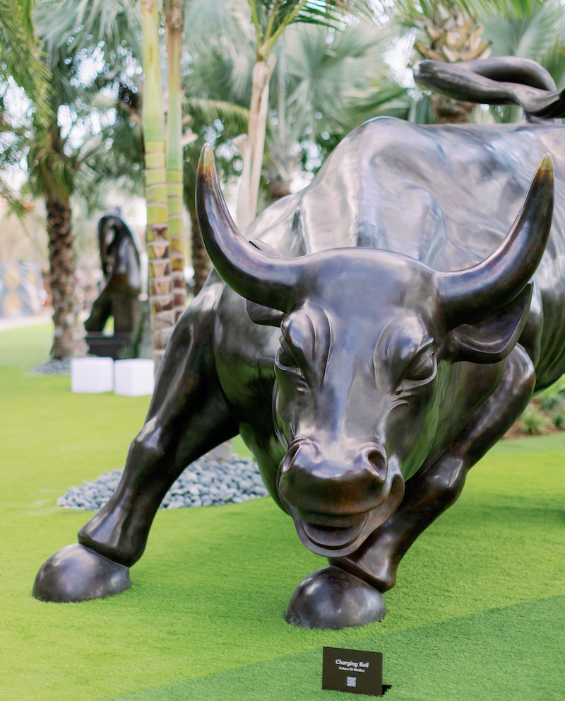 Arturo Di Modica’s “Charging Bull” statue in the Wave Hotel's sculpture garden. Photographer: Goran Kosanovic