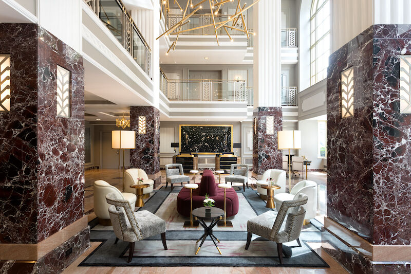 The lobby at Hotel LeVeque in Columbus, Ohio