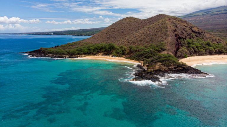 Aerial view at Puu Olai cinder cone, little and big beach of Makena State Park. Photo via Shutterstock.