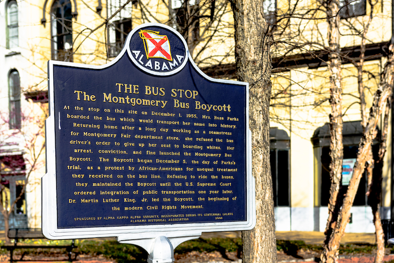 Historic marker for the Montgomery Bus Boycott in downtown Montgomery. Photo by Shutterstock.