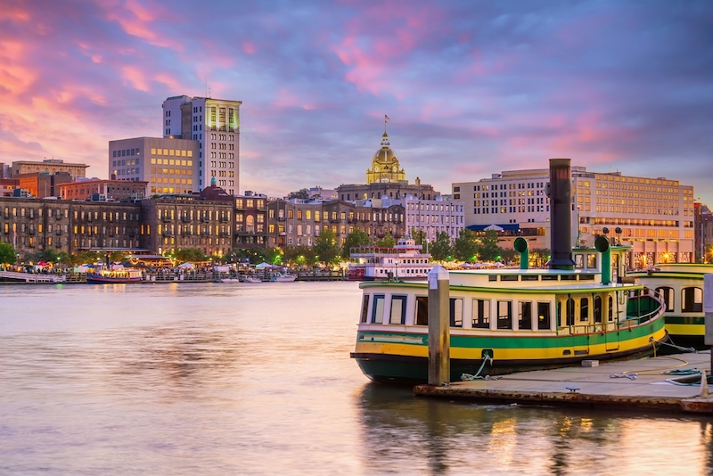 Historic District waterfront of Savannah at sunset. Photo by Shutterstock.