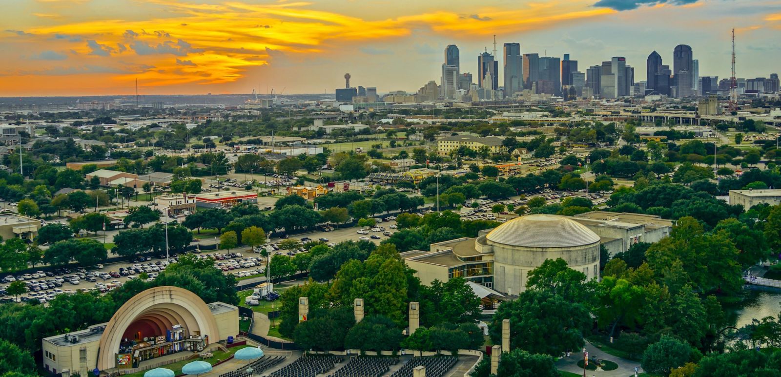 Dallas skyline sunset aerial view. Photo via Shutterstock.