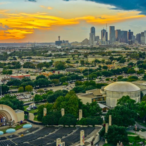Dallas skyline sunset aerial view. Photo via Shutterstock.