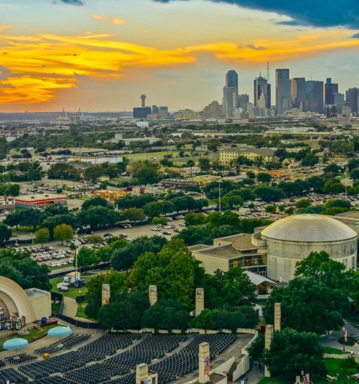 Dallas skyline sunset aerial view. Photo via Shutterstock.