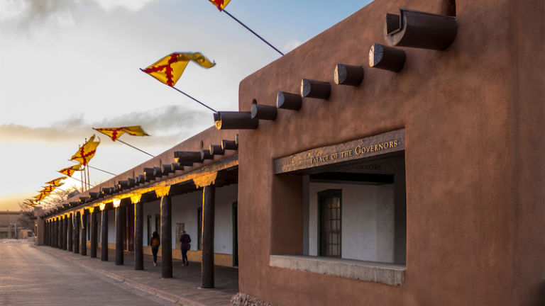 Palace of Governors in Santa Fe Plaza in Santa Fe, New Mexico. Photo by Shutterstock.