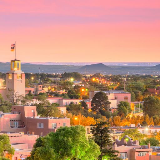 Santa Fe, New Mexico's downtown skyline at dusk. Photo via Shutterstock.