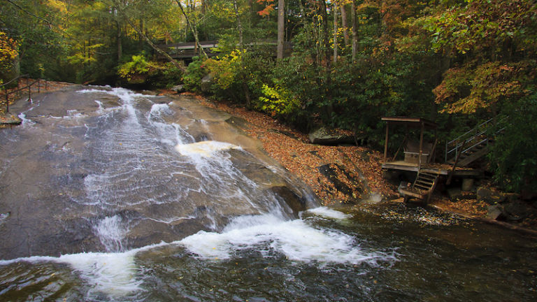 Sliding Rock in western North Carolina near Brevard in the fall. Photo via Shutterstock.