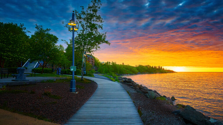 Sunrise early morning at Canal Park, Duluth, Minnesota. Photo via Shutterstock.