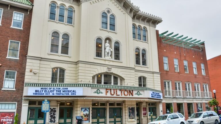 Fulton Theatre building at 12-14 North Prince St in Lancaster, PA. Built in 1852, the Fulton Theatre is also known as the Fulton Opera House. Photo via Shutterstock.