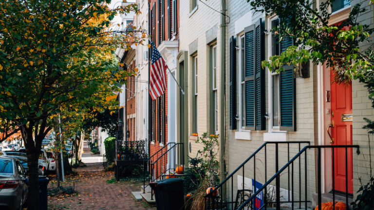 Brick row houses in Old Town, Alexandria, Virginia. Photo via Shutterstock.