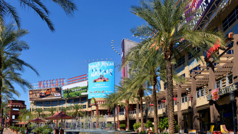 Glendale, AZ, USA - Feb 25, 2016: A portion of the central court of the Westgate Entertainment District which houses the Gila River Arena, home of the NHL team Arizona Coyotes. Photo via Shutterstock.