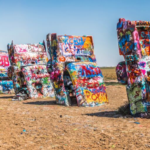 Cadillac Ranch is a public art installation and sculpture in Amarillo, Texas, USA. Photo via Shutterstock.