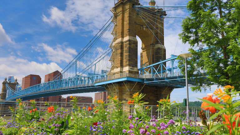 The John A. Roebling Bridge was built in 1866 to connect Covington, Kentucky to Cincinnati, Ohio. It spans the Ohio River. Photo via Shutterstock.