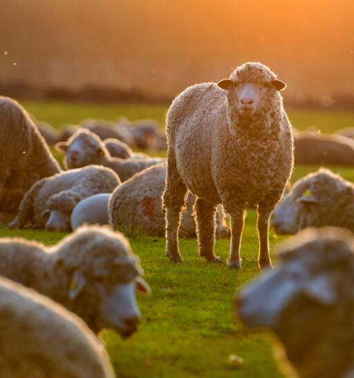 Sheep in a field at sunset. Photo via Shutterstock.