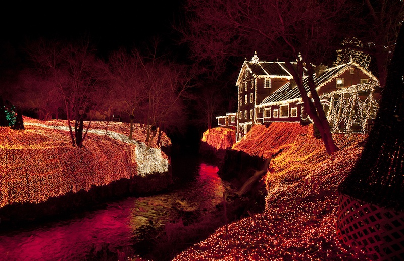 Clifton Mill is adorned with 3.5 million festive Christmas lights. Located in Clifton, Ohio, this is a premiere attraction in the midwestern United States.