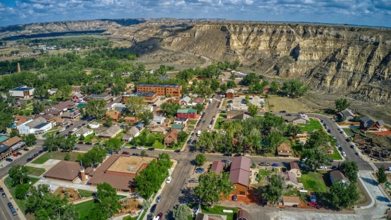 Aerial View of the Tourist Town of Medora, North Dakota outside of Theodore Roosevelt National Park. Photo via Shutterstock.