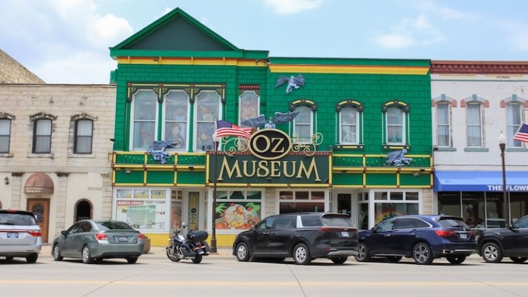 Wamego, Kansas, United States - June 13 2023: a green museum building on the main street. Photo via Shutterstock.