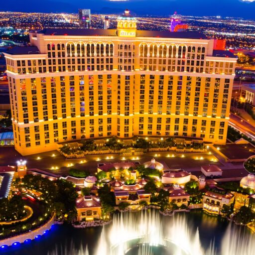 Musical fountains at Bellagio Hotel & Casino on August 14, 2012 in Las Vegas. The Bellagio opened October 15, 1998, it was the most expensive hotel ever built at US$1.6 bn.