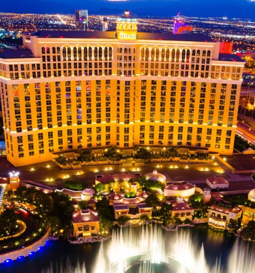 Musical fountains at Bellagio Hotel & Casino on August 14, 2012 in Las Vegas. The Bellagio opened October 15, 1998, it was the most expensive hotel ever built at US$1.6 bn.