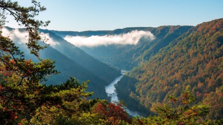 Fall colors and mist in the New River Gorge National Park on a fall morning. Fayetteville, West Virginia. Photo via Shutterstock.