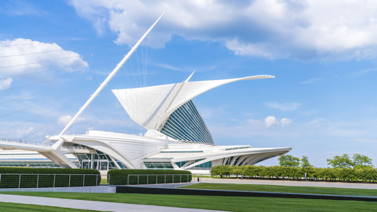 Milwaukee Art Museum with blue sky background.