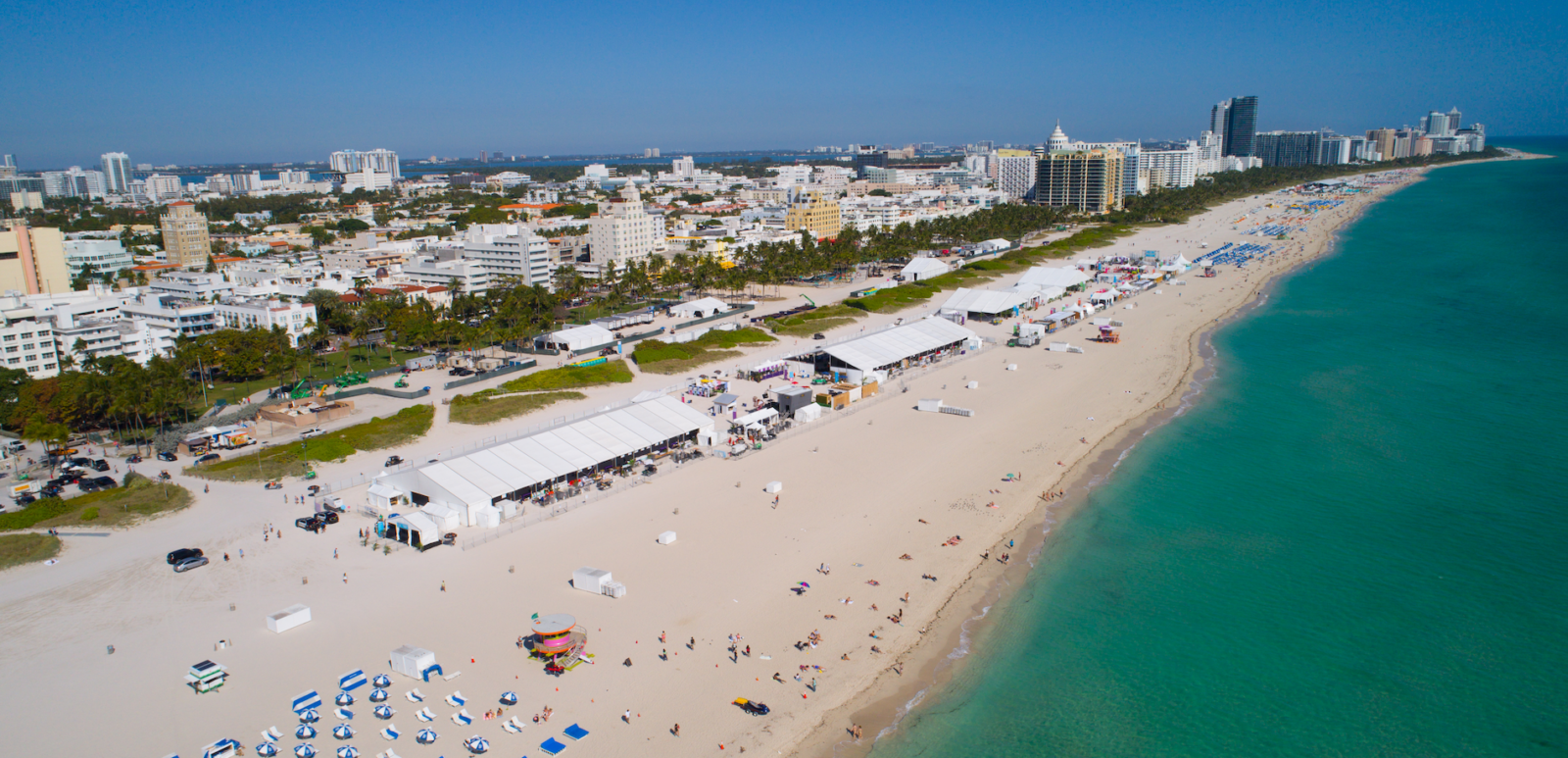 Aerial image of the annual South Beach Wine and Food Festival along Ocean Drive